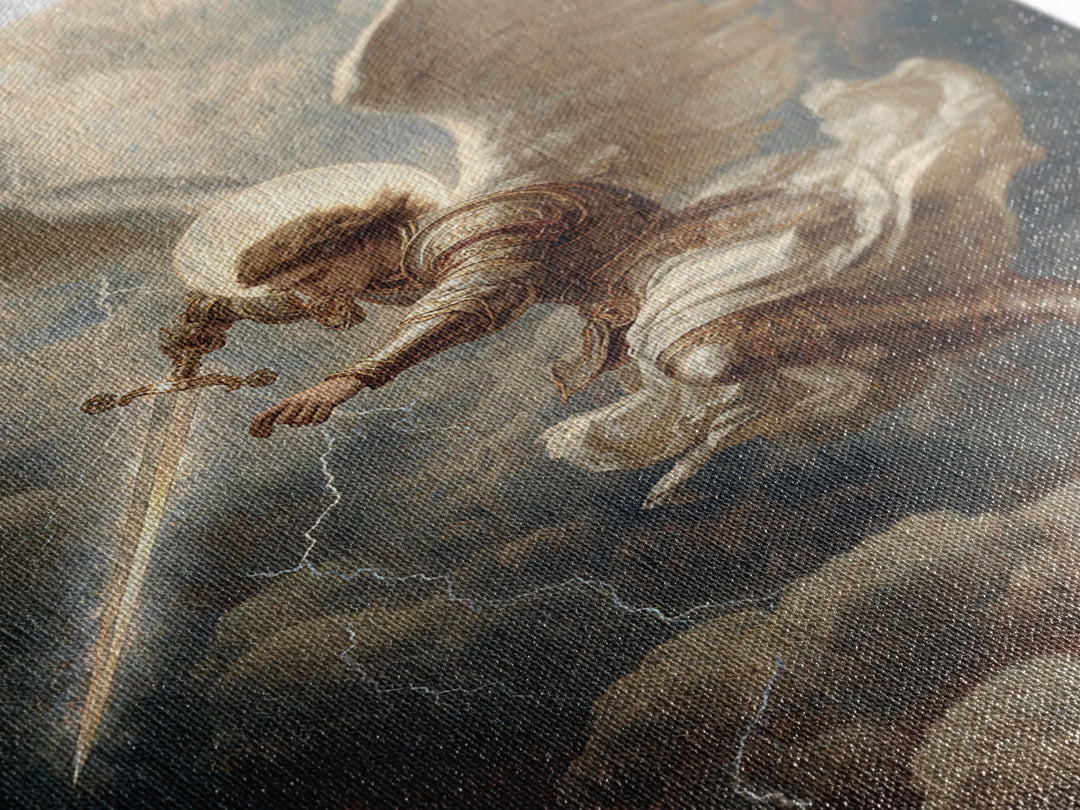 Majestic Archangel With Sword In Stormy Skies Wall Art Framed Canvas Print For Spiritual Home Decor