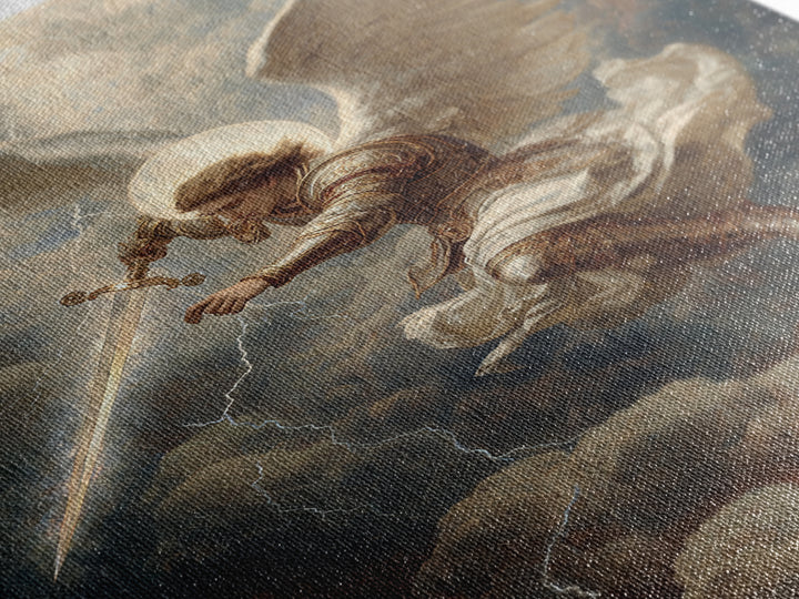 Majestic Archangel With Sword In Stormy Skies Wall Art Framed Canvas Print For Spiritual Home Decor
