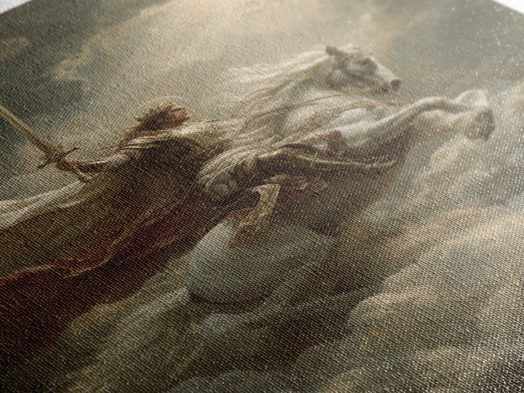 Majestic Knight On White Horse Charging Through Clouds Oil Painting Canvas Print For Romantic Bedroom Decor And Fantasy Art
