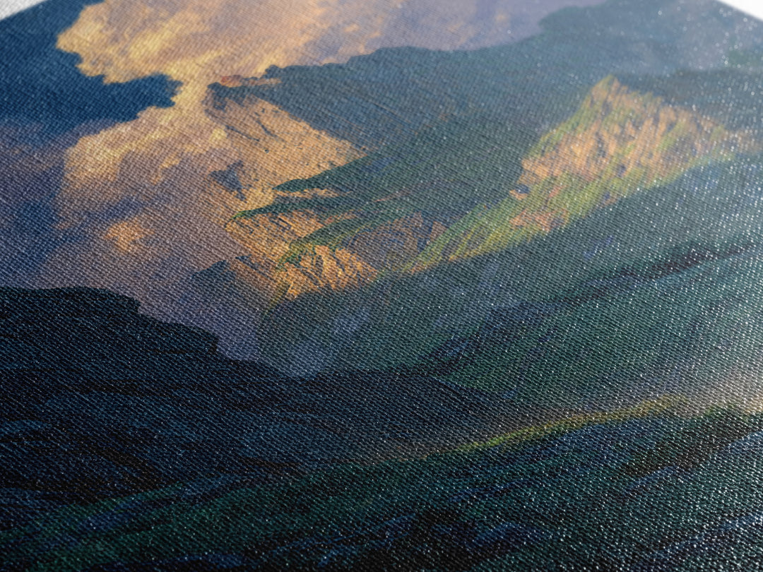 Epic Mountain Landscape With Brave Knight Walking Path Dramatic Sky Fine Art Canvas Print For Living Room
