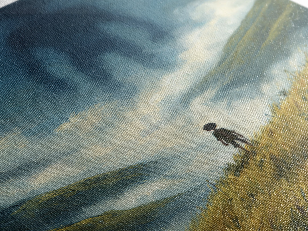 Misty Valley With Lone Boy Facing Giant Shadow Figure Atmospheric Surreal Art Wall Art Canvas Print