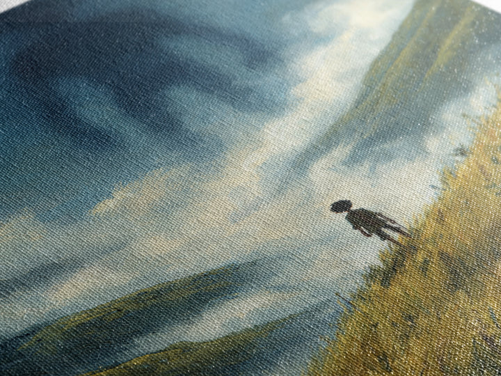 Misty Valley With Lone Boy Facing Giant Shadow Figure Atmospheric Surreal Art Wall Art Canvas Print