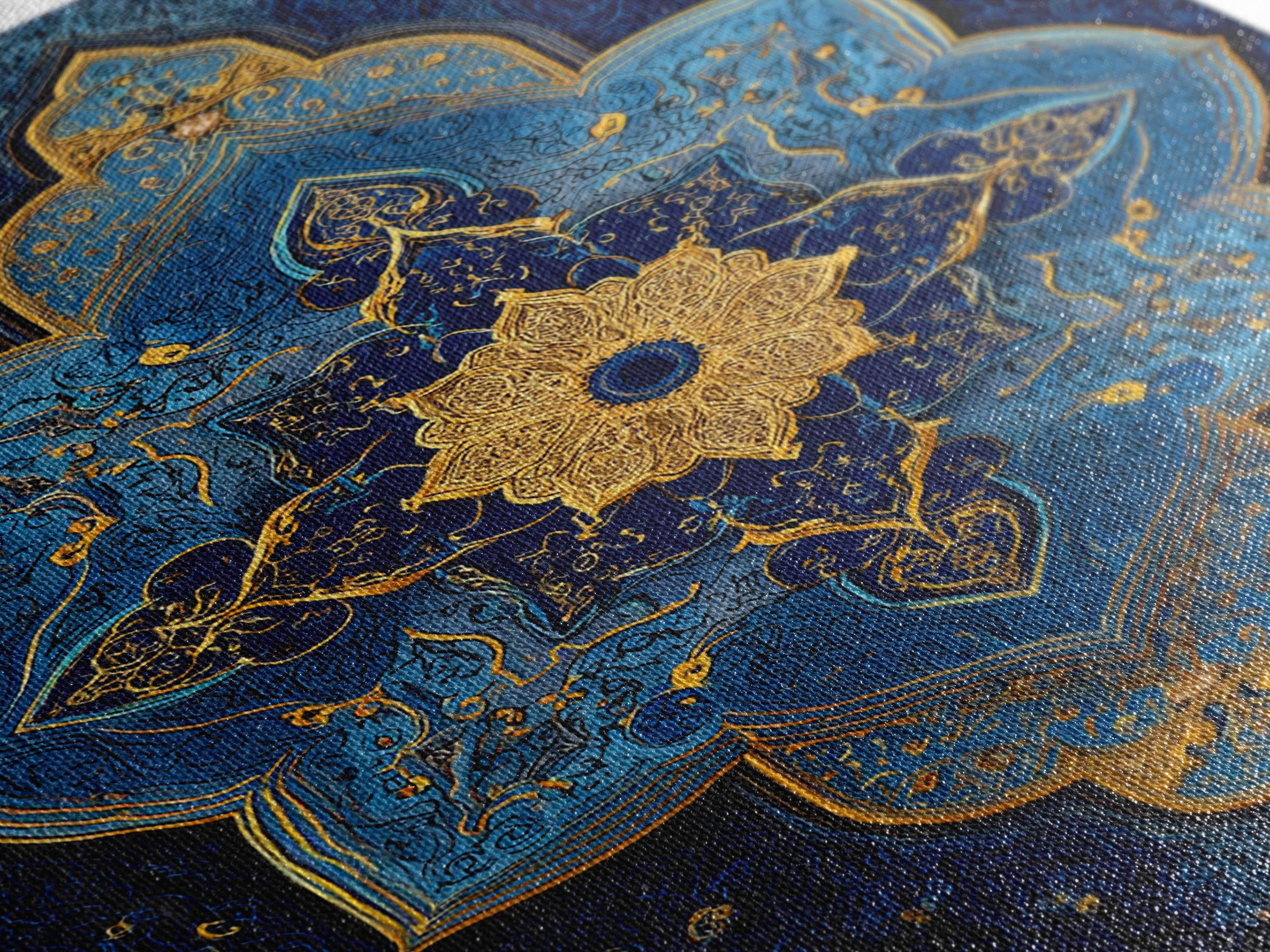 Luxurious Blue And Gold Ornate Mandala Pattern Modern Wall Decor Framed Canvas Print For Elegant Spaces