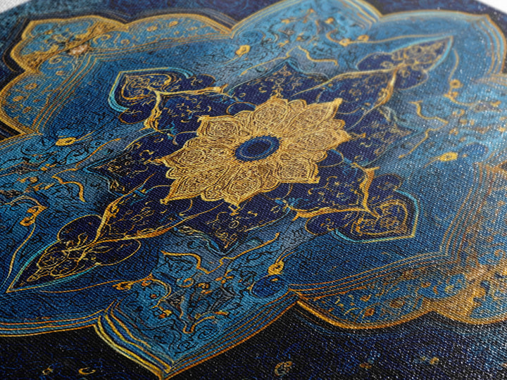 Luxurious Blue And Gold Ornate Mandala Pattern Modern Wall Decor Framed Canvas Print For Elegant Spaces