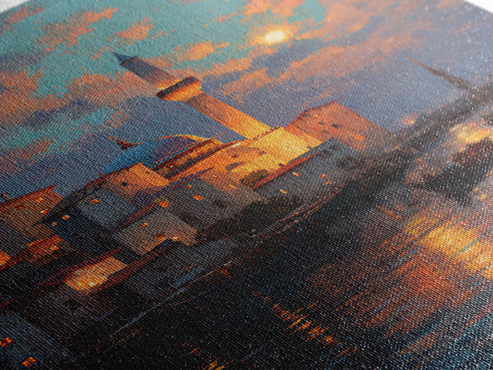 Golden Hour Coastal Landscape With Sword In Beach Sand Dramatic Sunset Painting Canvas Print For Unique Home Decor Wall Art