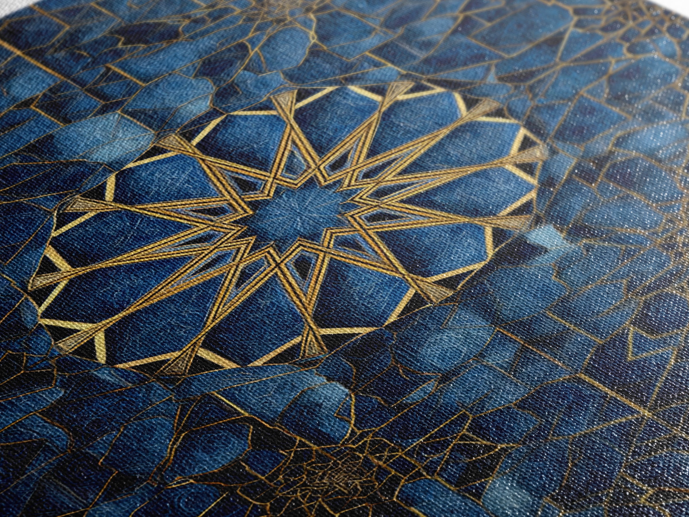 Intricate Blue And Gold Islamic Geometric Wall Art Framed Canvas Print Perfect For Modern Home Decor And Spiritual Spaces