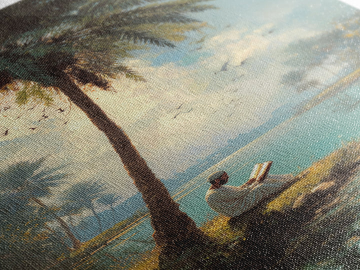 Serene Middle Eastern Landscape With Man Reading By Palm Tree Vintage Style Painting Wall Art Canvas Print