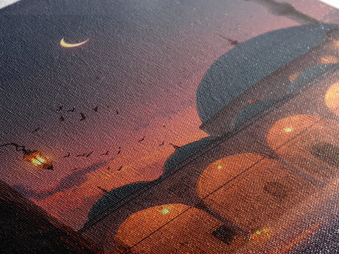 Magical Mosque Courtyard At Dusk With Lanterns And Crescent Moon Vibrant Islamic Wall Art Framed Canvas Print