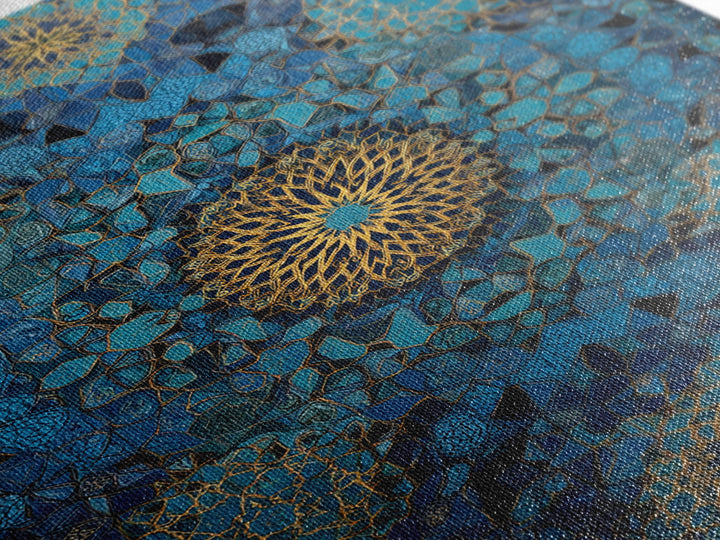 Intricate Blue And Gold Islamic Geometric Pattern Wall Art Framed Canvas Print For Modern Home Decor