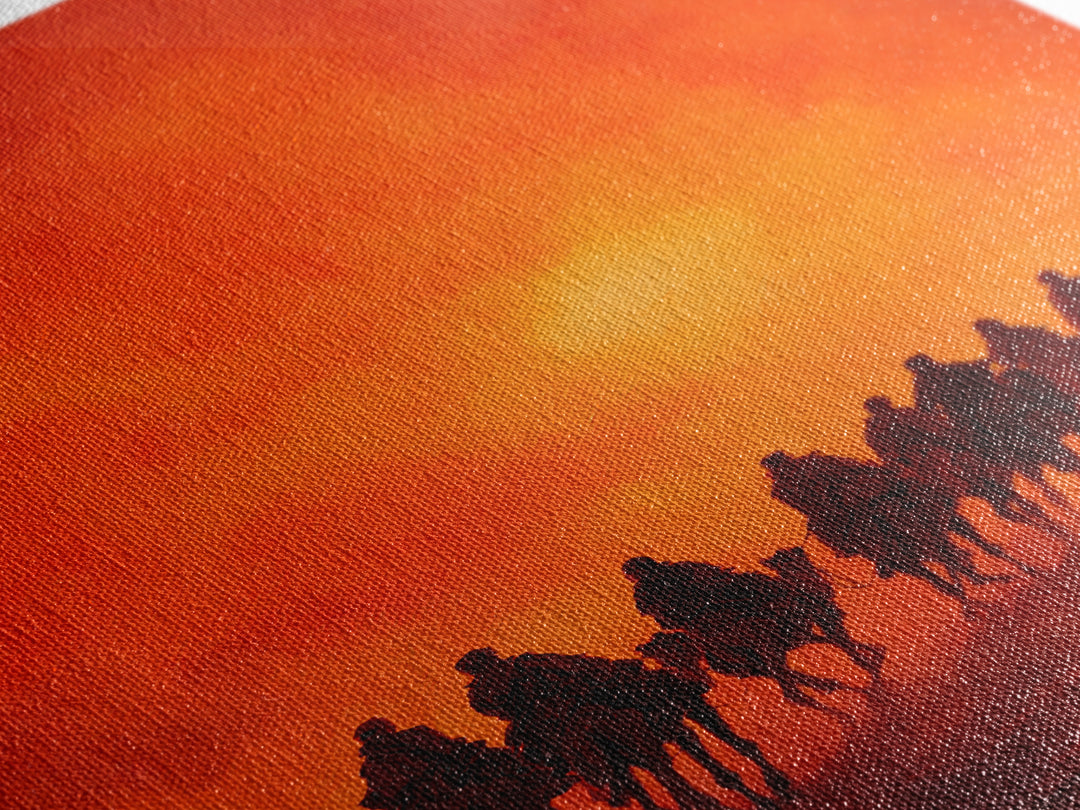 Silhouettes Of Travelers On Camels Against Vibrant Orange Sunset Desert Landscape Wall Art Canvas Print