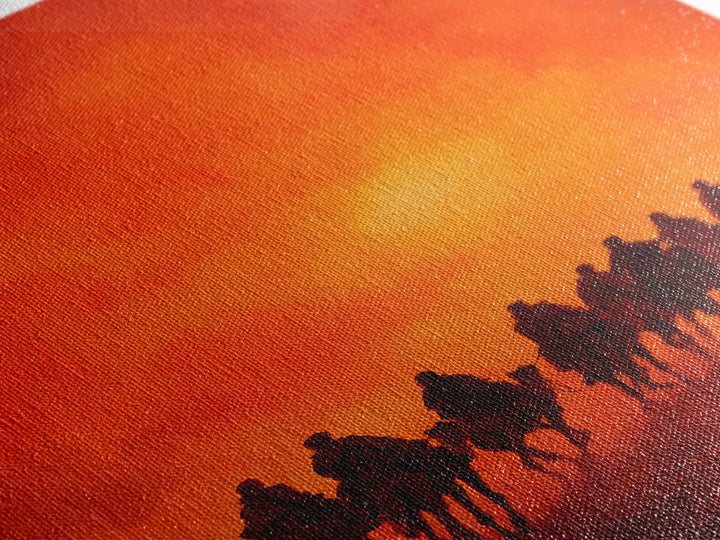 Silhouettes Of Travelers On Camels Against Vibrant Orange Sunset Desert Landscape Wall Art Canvas Print