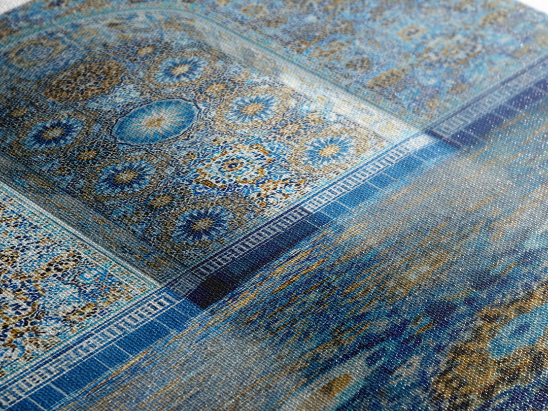 Intricate Islamic Tile Pattern Blue And Gold Wall Art Framed Canvas Print Featuring Elegant Cultural Home Decor Or Gift