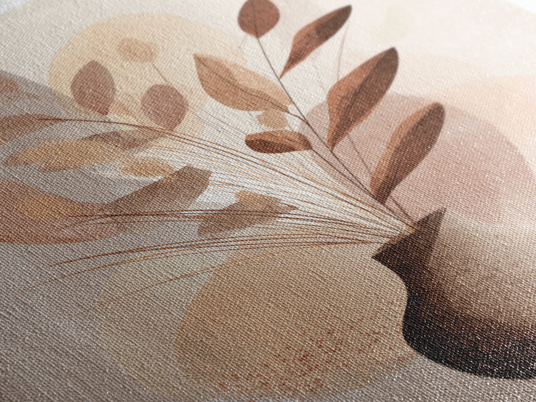 Neutral Botanical Vase With Soft Abstract Leaves Framed Canvas Print, Minimalist Wall Art, Japandi Decor, Modern Home Decor