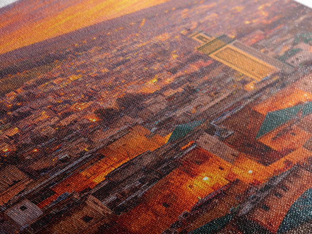 Sunlit Moroccan Cityscape At Dawn With Vibrant Orange Hues And Traditional Green Tiled Roofs Wall Art