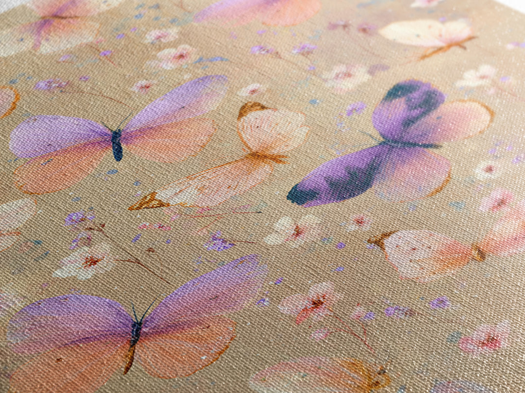 Pastel Butterflies And Wildflowers On Beige Canvas Print, Whimsical Wall Art, Girls Room Decor, Colorful Nursery Art Gift
