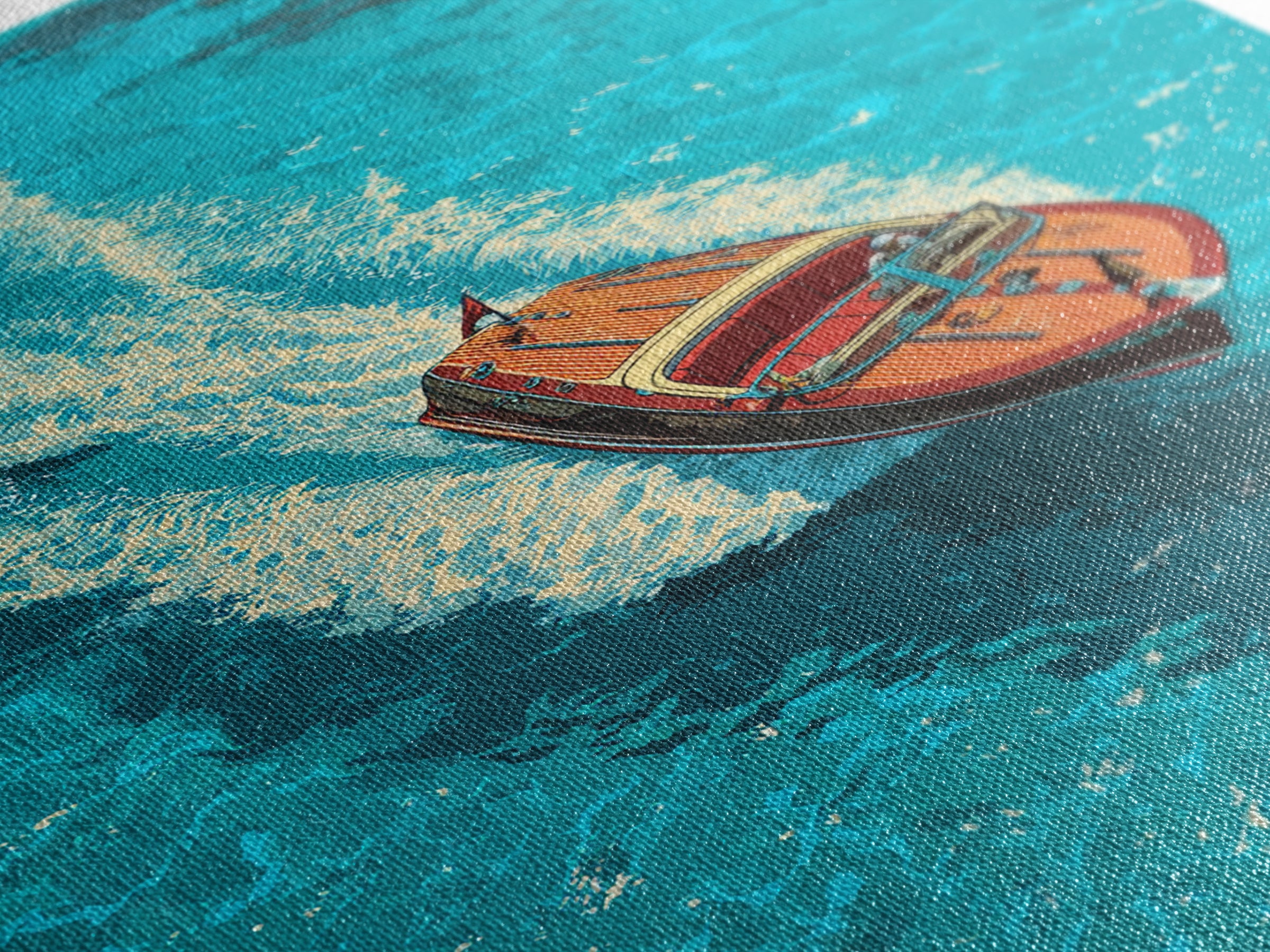 Classic Wooden Speedboat Zooming Through Deep Blue Water - Vibrant Canvas Print For Coastal Wall Art