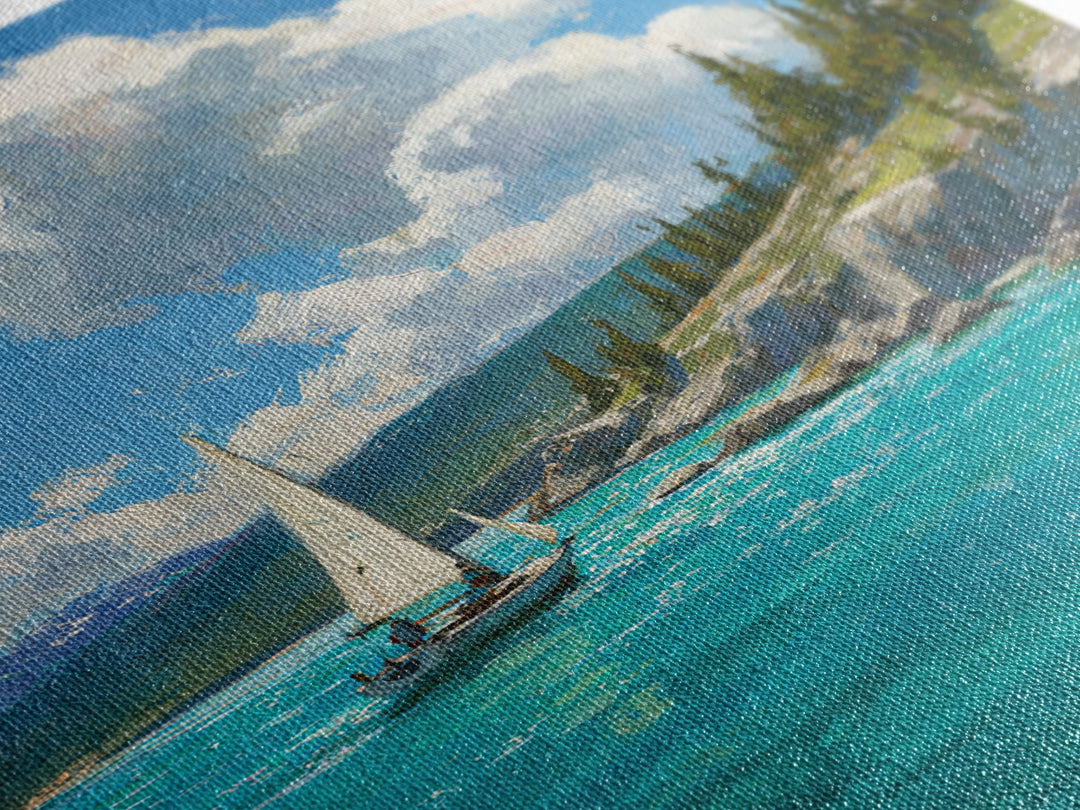 Serene Mountain Lake Sailing Scene Oil Painting Canvas Print For Calm Living Room Decor And Nautical Wall Art