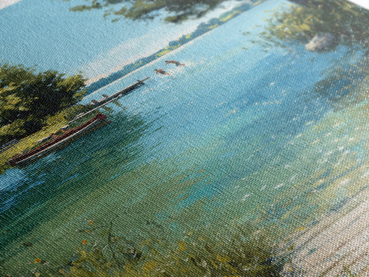 Peaceful Summer Lake Scene With Canoe And Children Splashing Wall Art Serene Landscape Framed Canvas Print Nature Decor