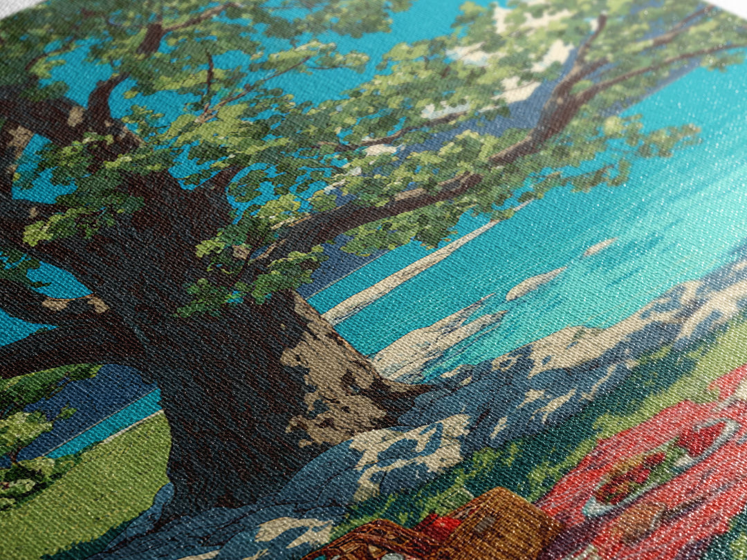Peaceful Picnic Beside Lake With Oak Tree And Bright Blue Water Canvas Print Modern Wall Art For Living Room