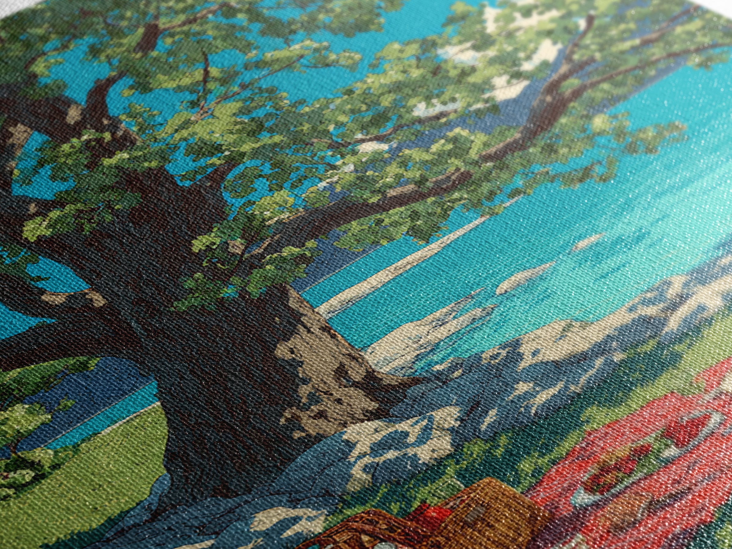 Peaceful Picnic Beside Lake With Oak Tree And Bright Blue Water Canvas Print Modern Wall Art For Living Room