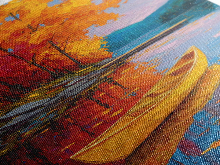 Vibrant Autumn Lake Scene With Yellow Canoe And Colorful Trees Wall Art Framed Canvas Print Fall Landscape Home Decor