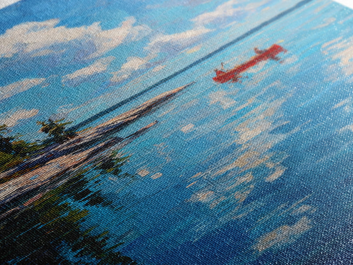 Pristine Lake Scene With Canoe And Pine Trees Under Blue Sky Captured In Classic Impasto Oil Painting