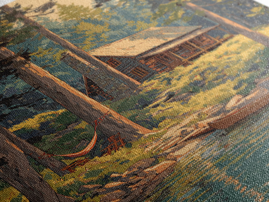Cozy Log Cabin In Forest Landscape Painting Wall Art Boho Rustic Canvas Print For Cabin And Farmhouse Home Decor