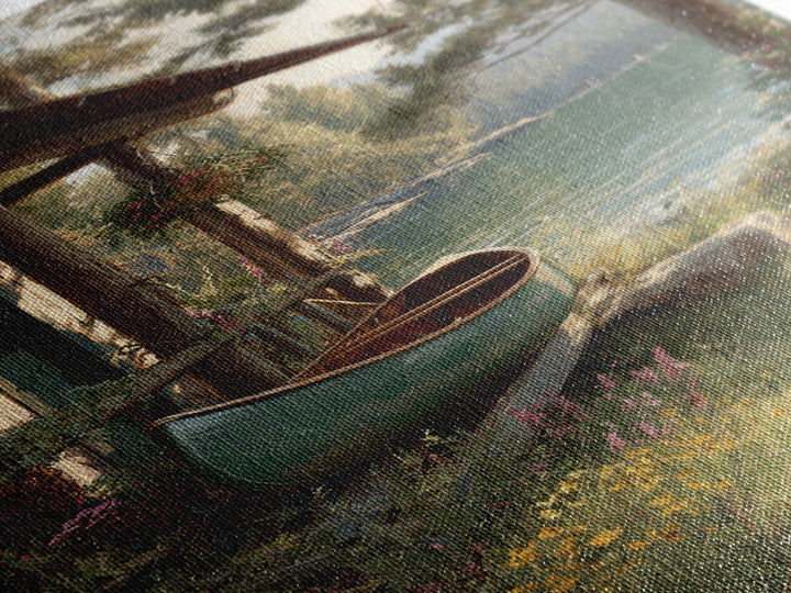 Peaceful Lakeside Cabin With Canoe Surrounded By Wildflowers Wall Art Framed Canvas Print For Rustic Home Decor