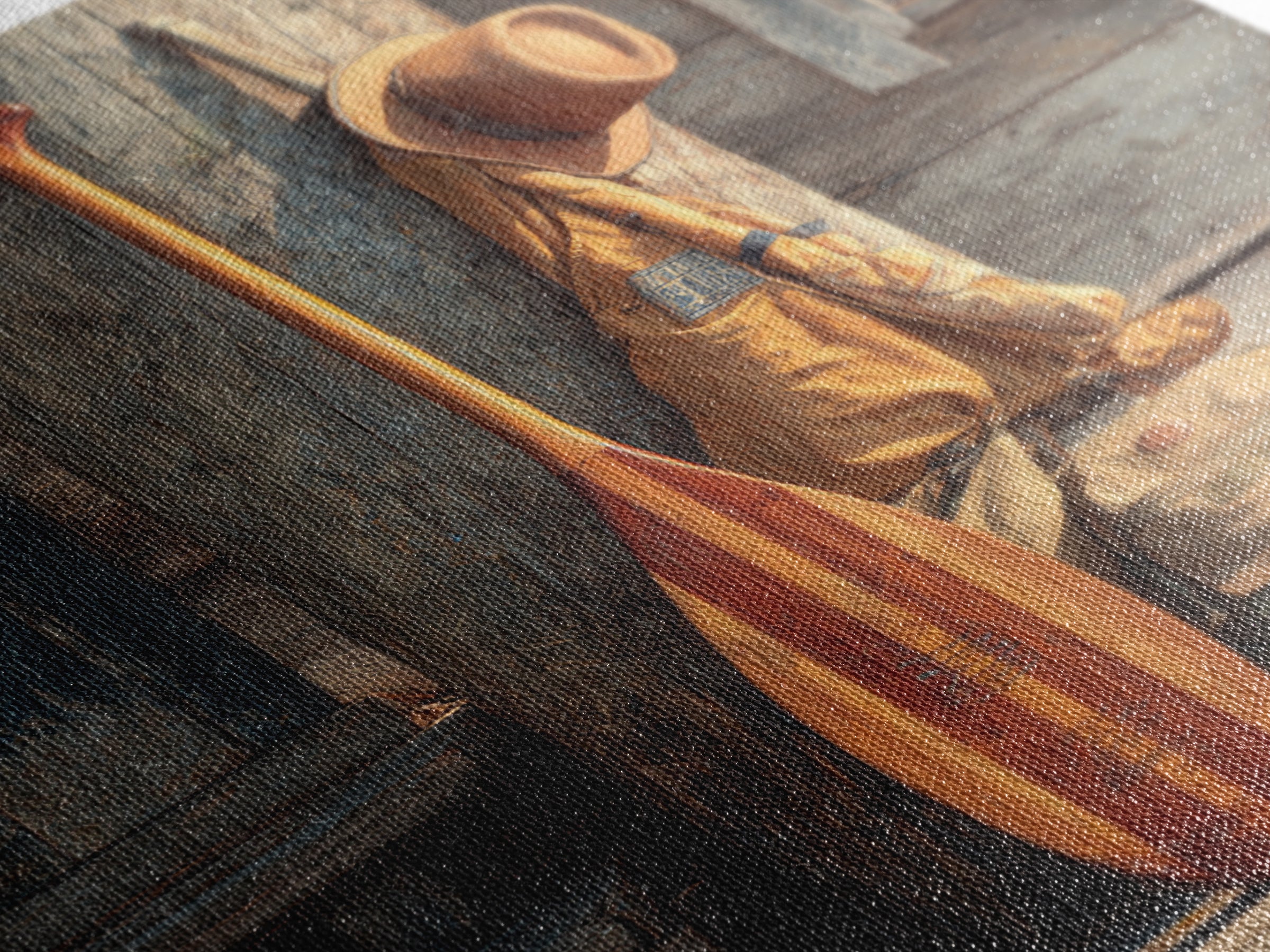 Rustic Outdoorsy Still Life With Wood Paddle, Hiking Gear, And Hats Vintage Style Canvas Print For Cabin