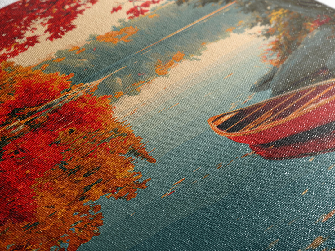 Red Autumn Maple Trees By Calm Lake With Canoe Scenic Painting Wall Art Framed Canvas Print For Home