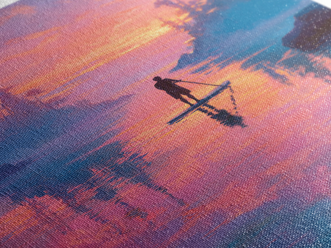 Sunset Paddleboarder On Calm Water Pink And Purple Sky Landscape Wall Art Canvas Print For Tranquil Bedroom And Living Room