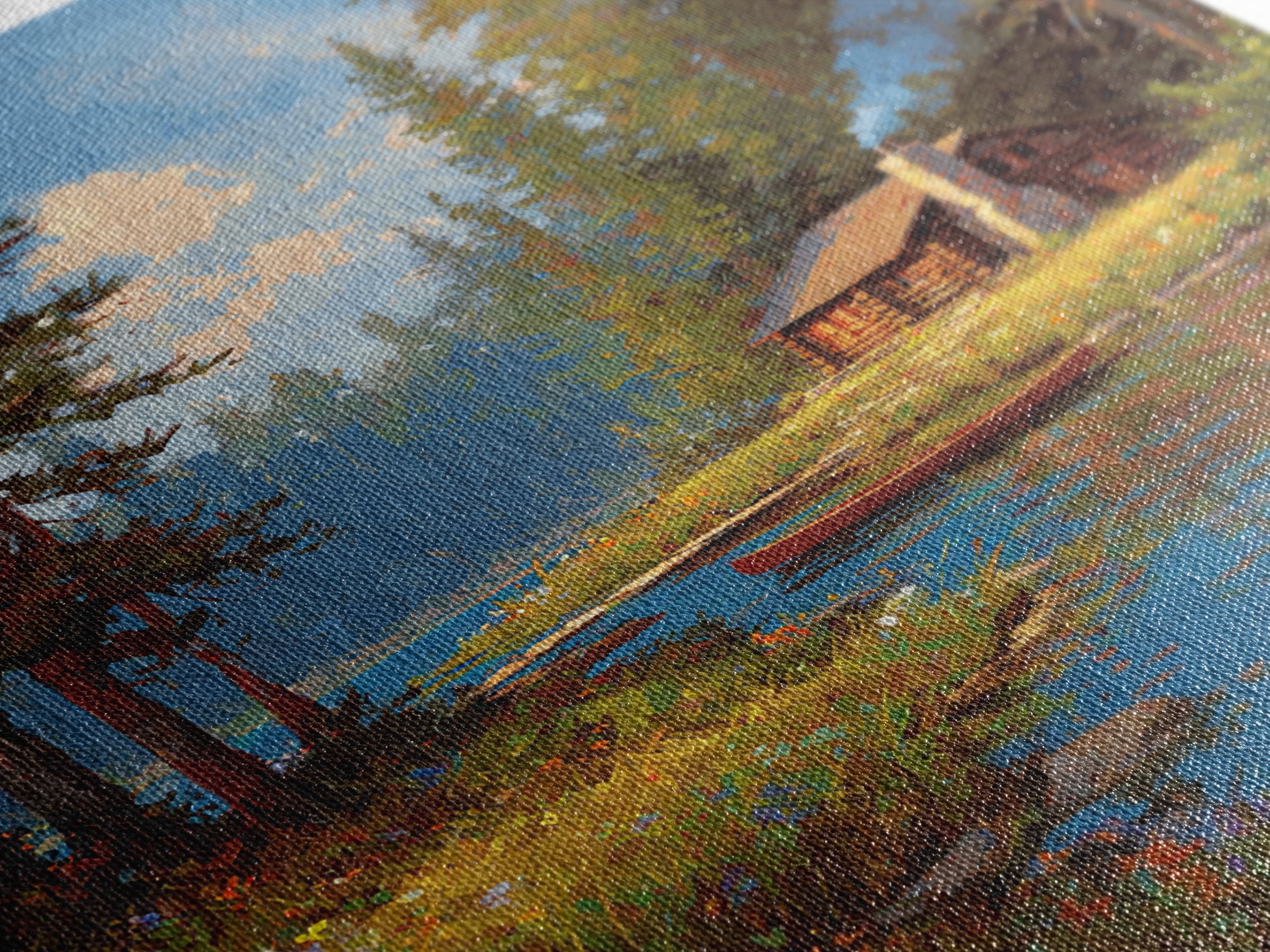 Cozy Cabin By Peaceful River Landscape Painting Canvas Print Natural Wall Art Decor Framed Canvas Print