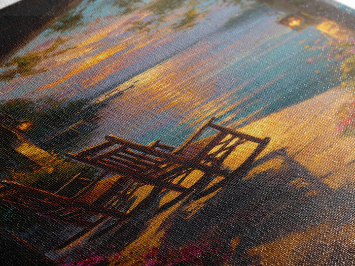 Peaceful Lakeside Porch Sunset With Rocking Chairs Oil Painting Wall Art Framed Canvas Print For Cozy Home Decor