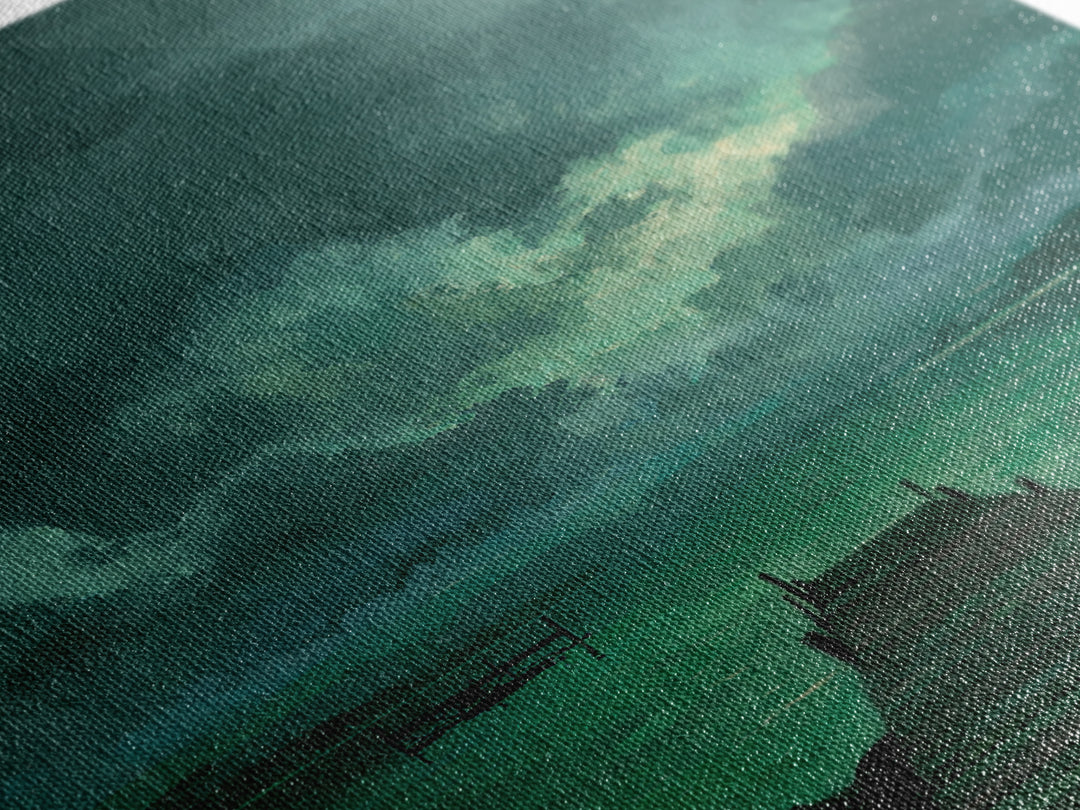 Moody Dock On Lake Under Stormy Sky Green Tones Abstract Wall Art Canvas Print Home Decor