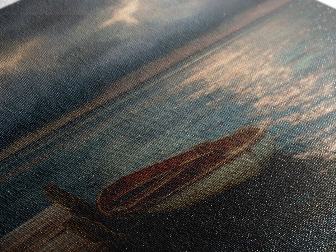 Serene Boat At Dock Under Dramatic Cloudy Sky Sunset Seascape Canvas Print For Coastal Living Room Decor Wall Art