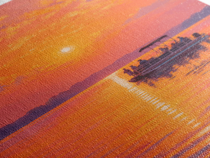 Sunset Boat On Calm Water Painting With Vibrant Orange Hues Capturing Peaceful Twilight Scene Large Wall Art Canvas Print For Living Room Decor And Gift