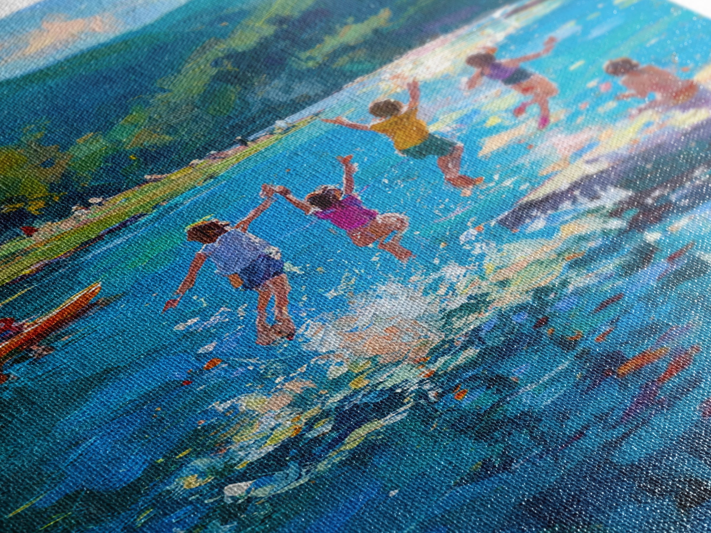 Children Playing At Summer Lake Scene Joyful Landscape Painting Large Wall Art Canvas Print