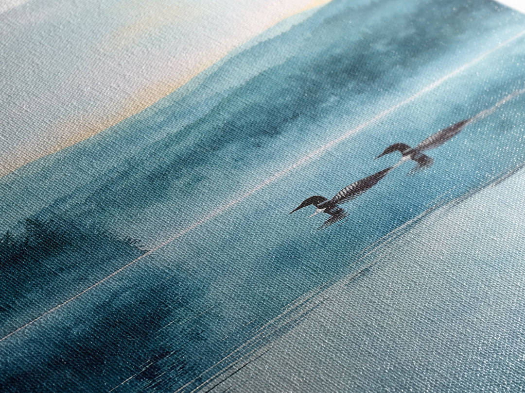 Serene Lake With Two Loons At Dawn Landscape Wall Art Misty Forest Canvas Print For Nature Lovers Home Decor
