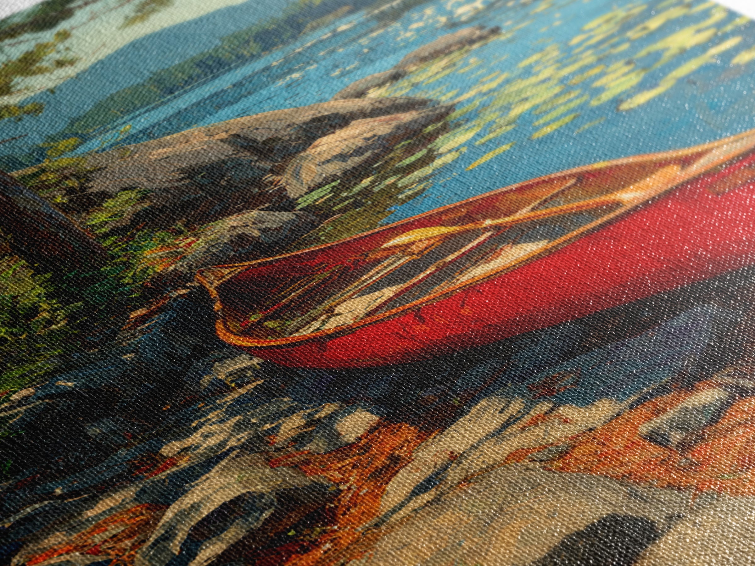 Vibrant Red Canoe On Lush Lakeside Nature Landscape Oil Painting Canvas Print For Cabin Decor And Rustic Wall Art