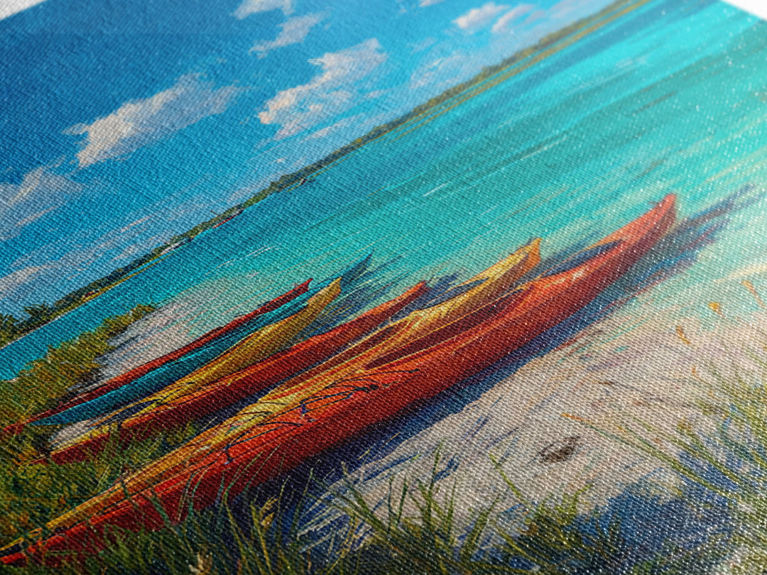 Bright Kayaks By Turquoise Water Under Blue Sky Canvas Print Large Coastal Wall Art For Living Room Decor