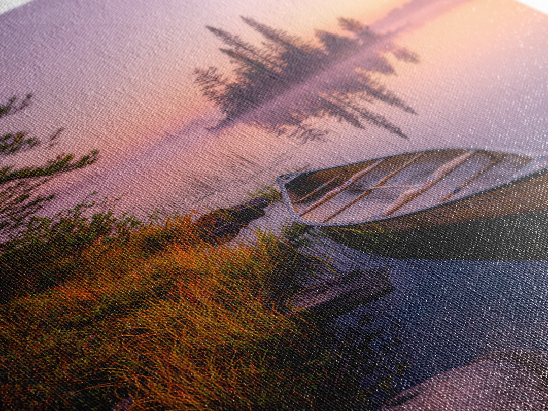 Tranquil Misty Lake With Canoe At Sunrise Scenic Landscape Painting For Calming Bedroom Wall Decor And Peaceful Home Decor Framed Canvas Print Wall Art