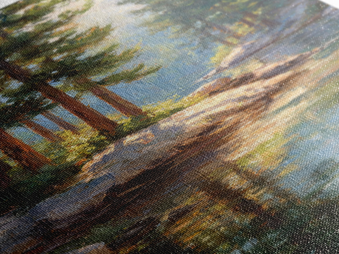 Serene Pine Forest Landscape With River Reflection In Oil Painting Medium Perfect Wall Art Canvas Print