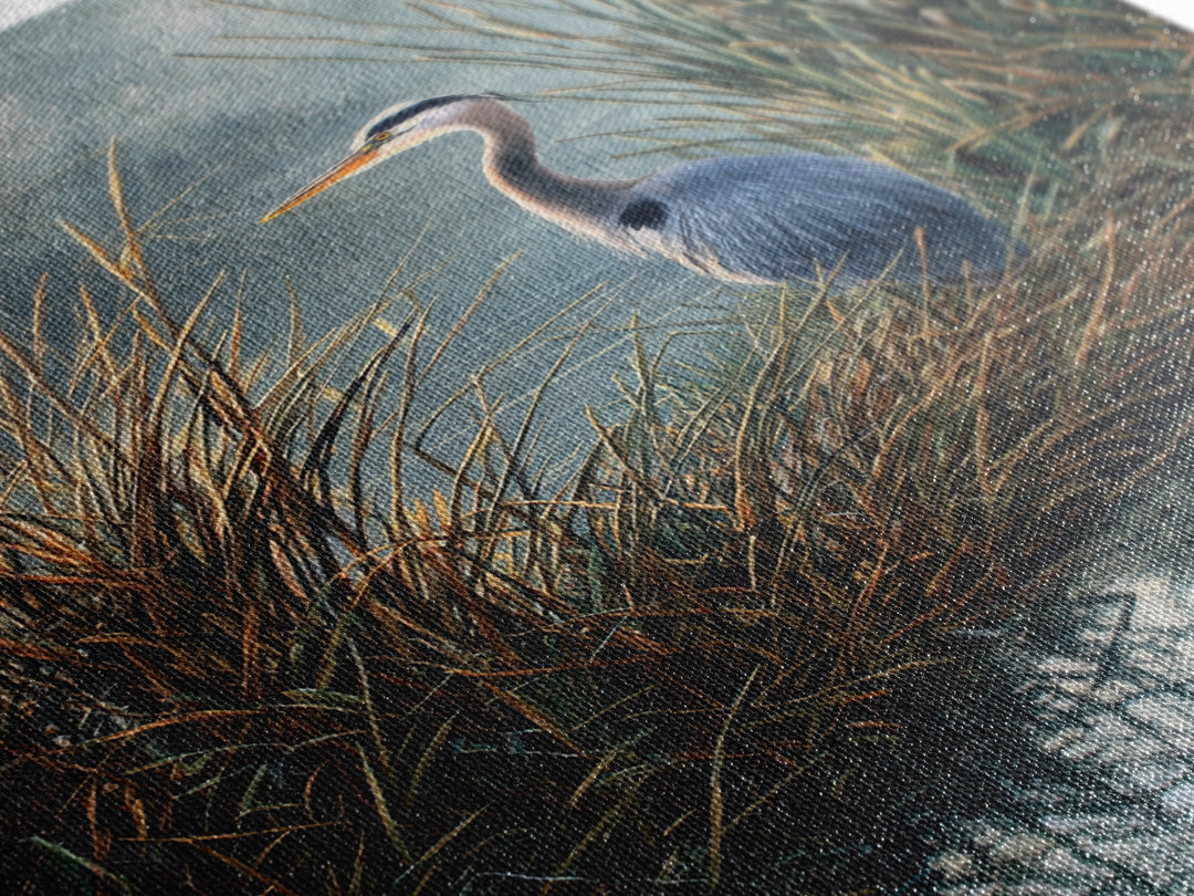 Realistic Blue Heron In Marshland Nature Scene Wall Art Fine Art Print Coastal Wall Decor Framed Canvas Print