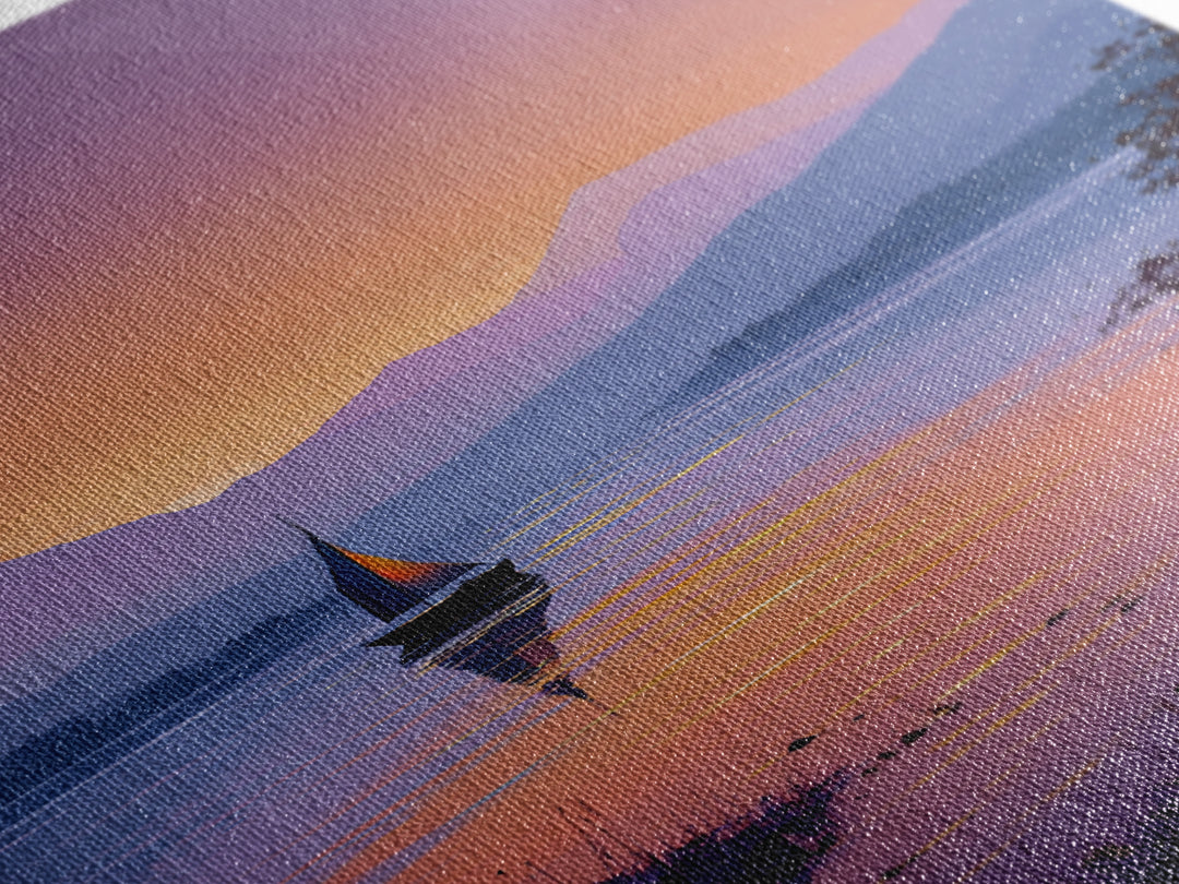 Tranquil Sailboat On Lake At Sunset With Purple Mountains Oil Painting Canvas Print Wall Art For Bedroom Decor And Nautical Lovers