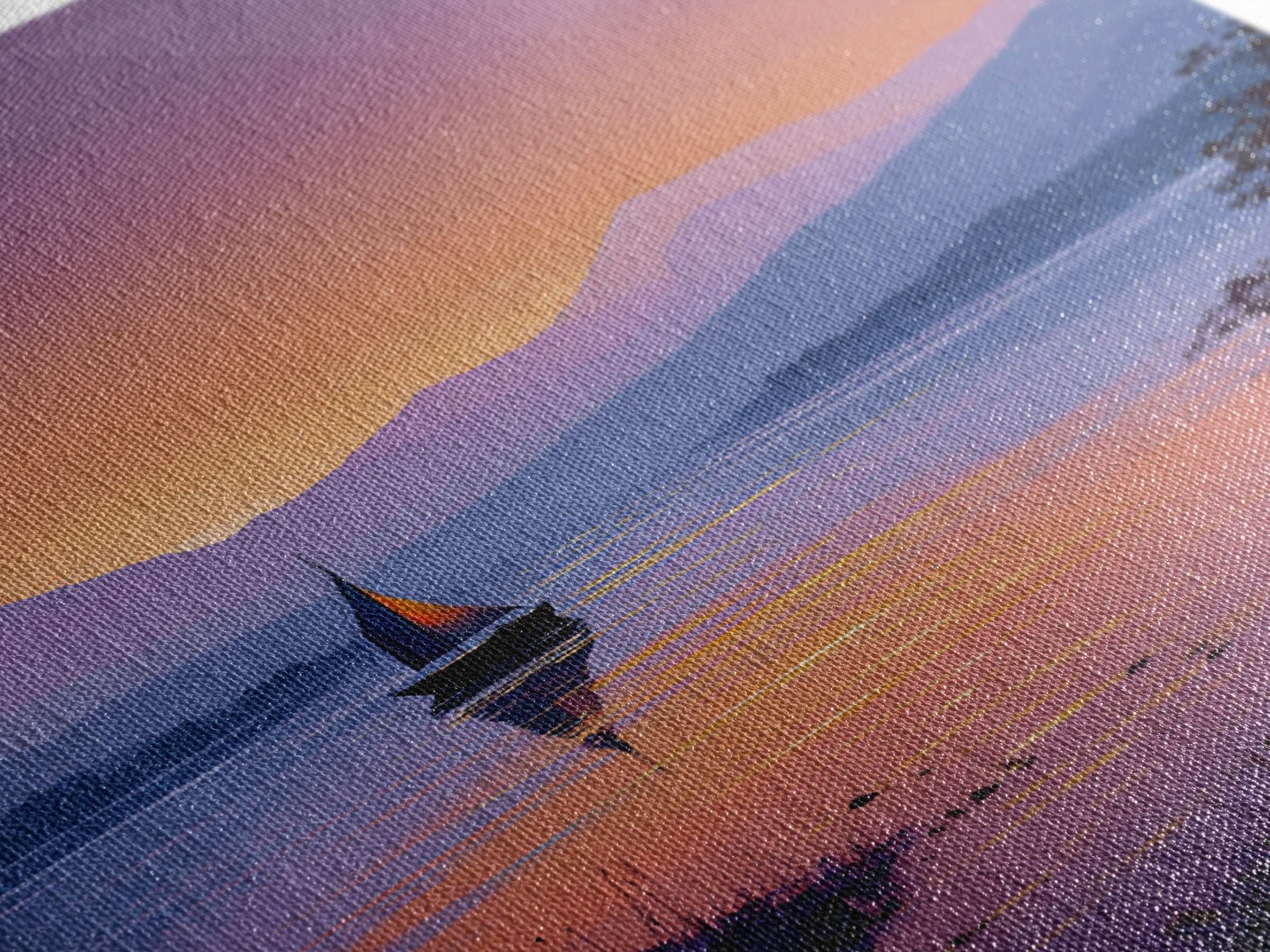 Tranquil Sailboat On Lake At Sunset With Purple Mountains Oil Painting Canvas Print Wall Art For Bedroom Decor And Nautical Lovers