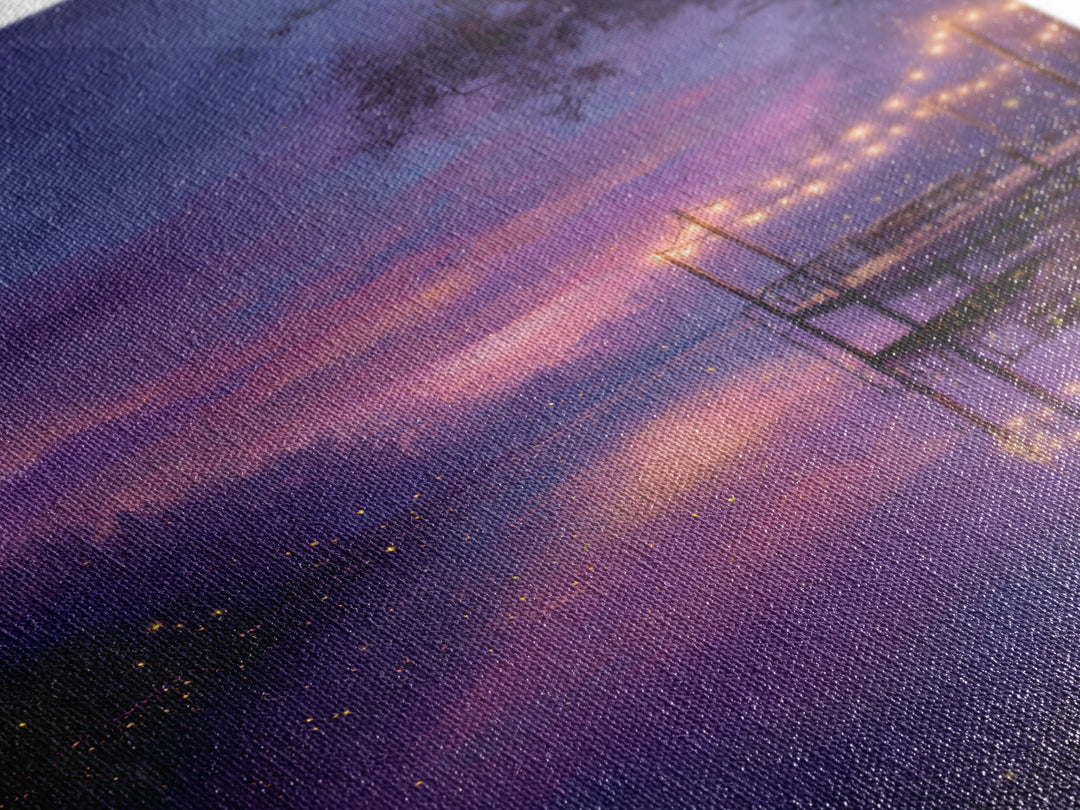 Enchanting Twilight River Scene With Glowing Fireflies And String Lights Romantic Canvas Print For Home Decor