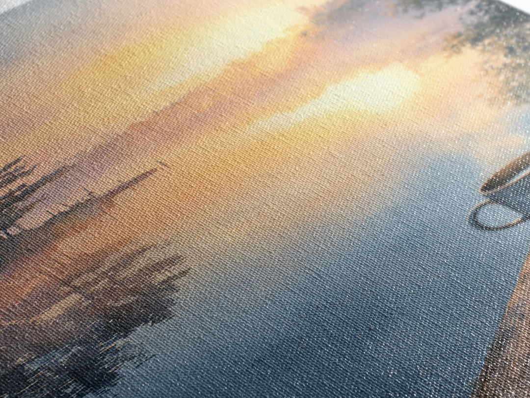 Calm Sunlit Lake At Dawn Watercolor Painting Canvas Print, Peaceful Landscape Wall Art, Soothing Home Decor Art