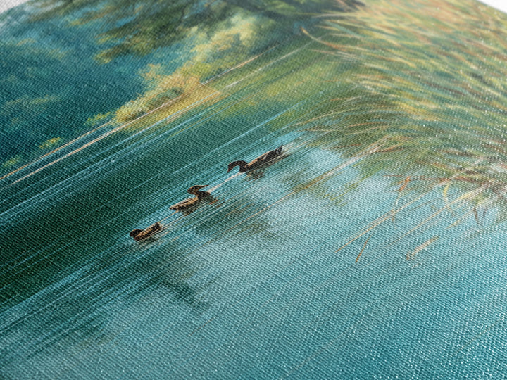Tranquil Ducks On A Calm Lake Nature Scene Oil Painting Canvas Print For Rustic Living Room Wall Art And Cabin Home Decor