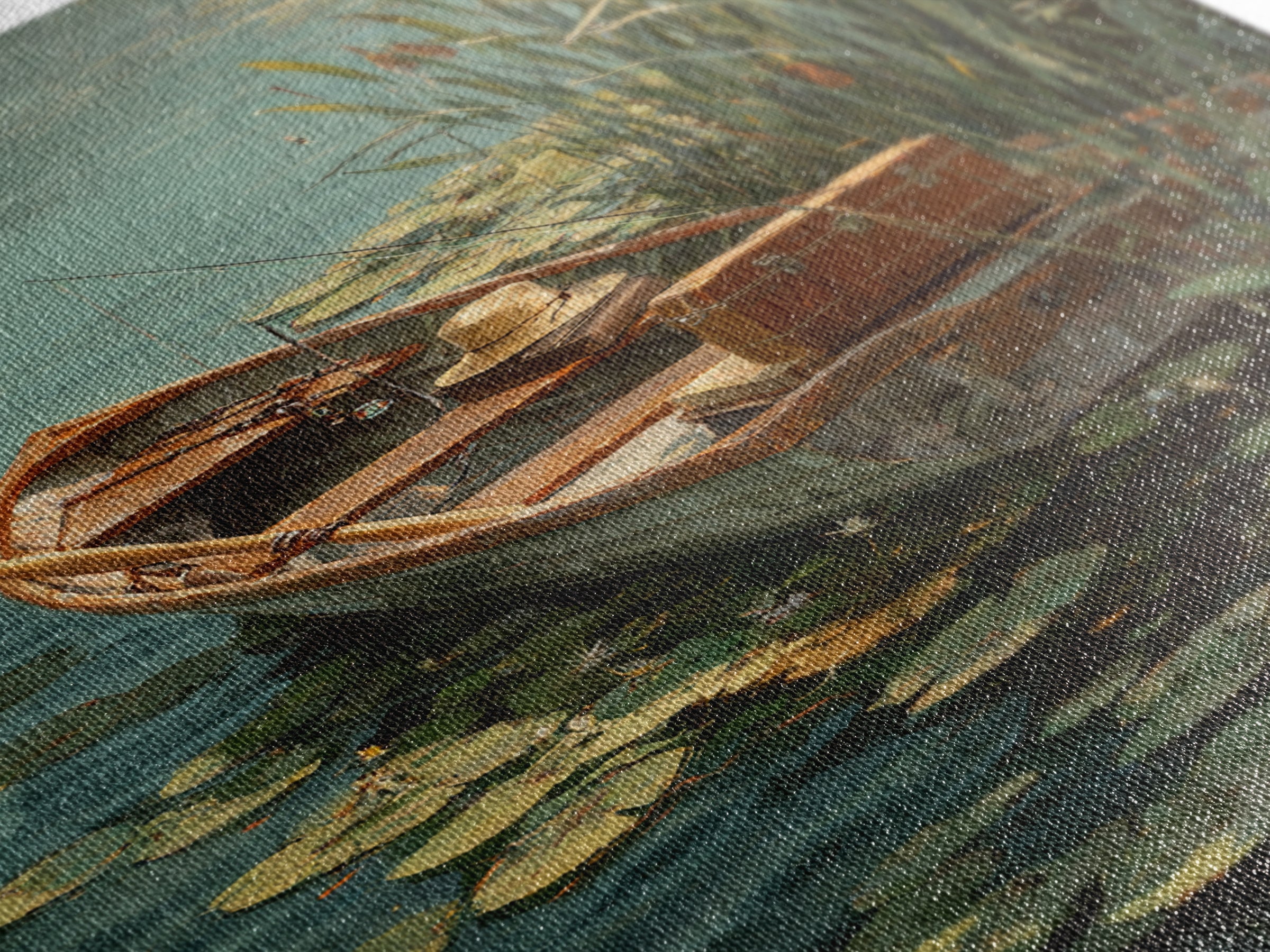 Cozy Contemporary Fishing Boat by Waterfall Original Oil Painting Wall Art Framed Canvas Print for Rustic Decor