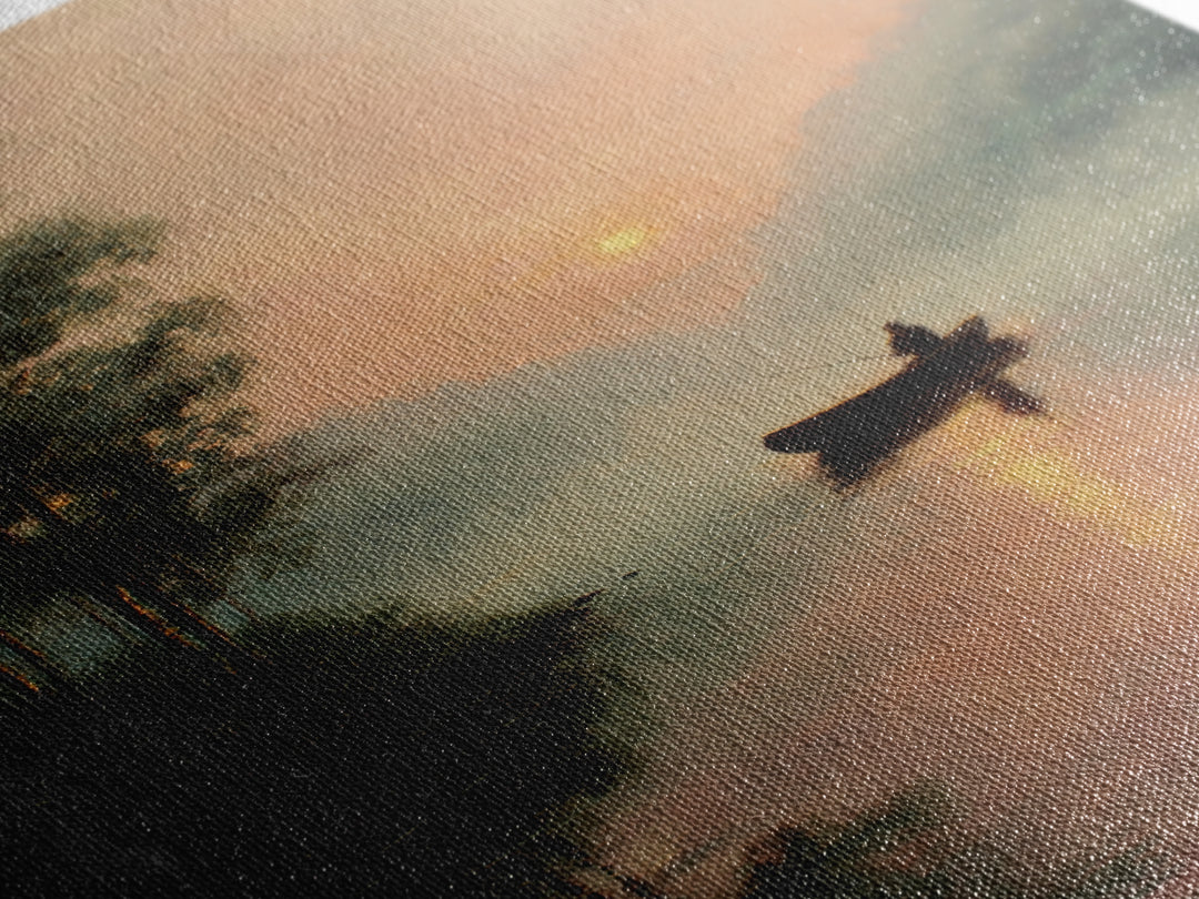 Peaceful Sunrise Lake Fisherman Landscape Oil Painting Large Wall Art Framed Canvas Print Rustic Decor